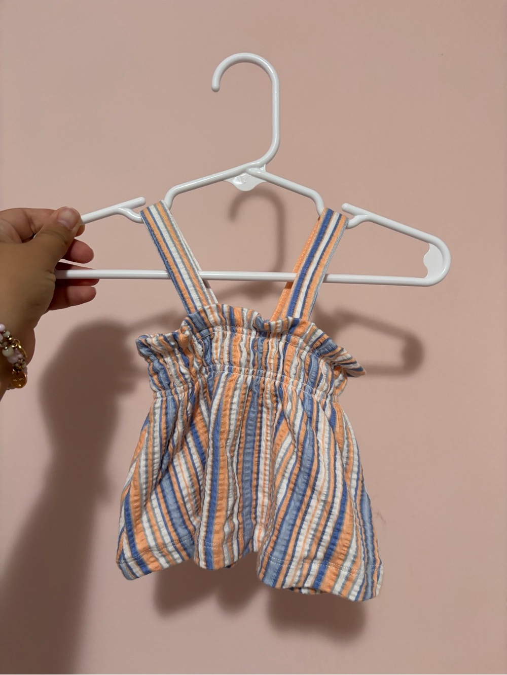 Striped Peach & Blue Kids Suspender Romper